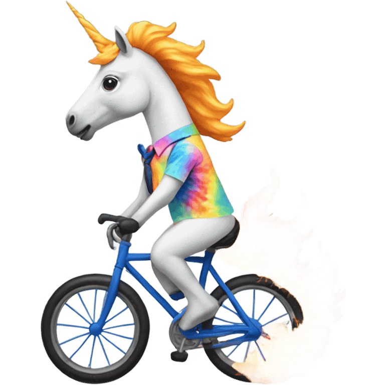 Unicorn with tie dye shirt riding a bike on fire emoji