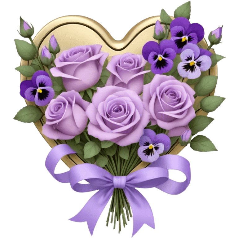 A vintage bouquet of wilted mauve roses, delicate violet pansies, and fragrant lavender sprigs is gently wrapped in soft lilac silk ribbons, tied into a loose, romantic bow, with a small heart-shaped locket resting among the petals, whispering secrets of a love long past emoji