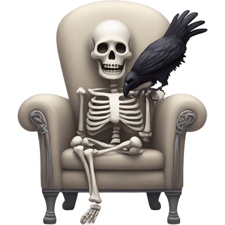 Skeleton reading while sitting on fluffy chair with bow on their head and a raven emoji