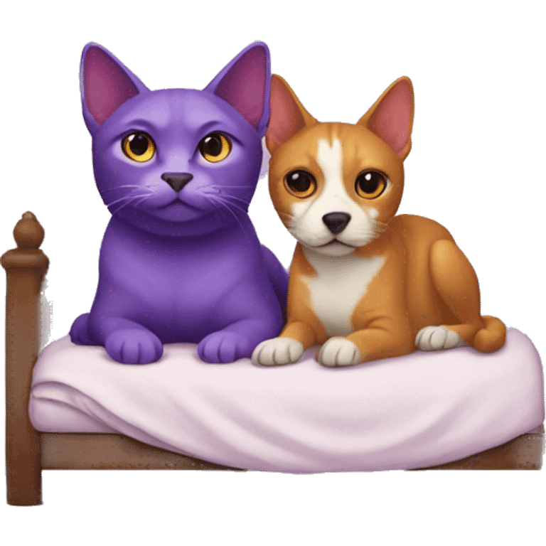 Violet colored cat and violet colored dog in a traditional bed emoji