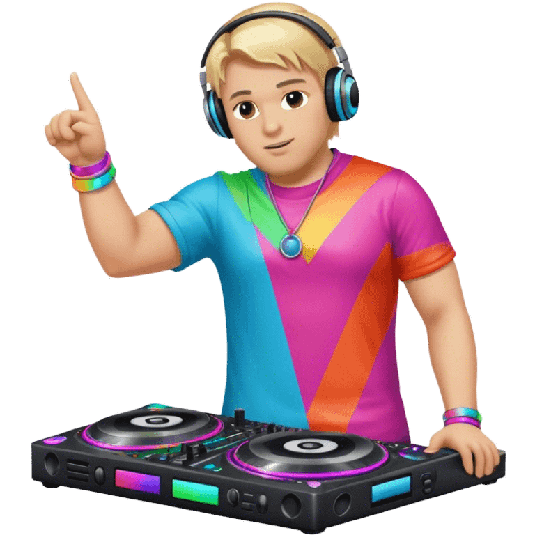 blond big man in colorful dj outfit pointing sidewys emoji