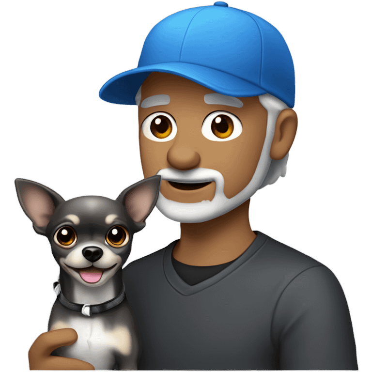 blue eyed man, with grey hair,  and grey goatee beard, wearing ball cap, holding ‘a black long hair chihuahua’ emoji