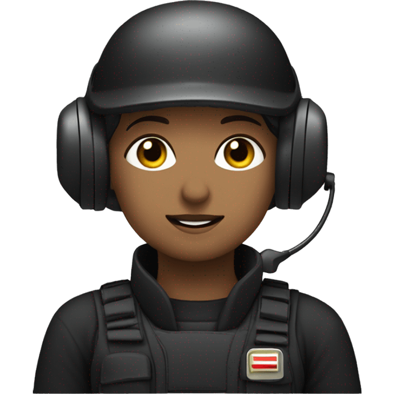 operator dressed in black with a milatary helmet, without glasses, wearing a headset, ready to respond to alerts, preferably female emoji