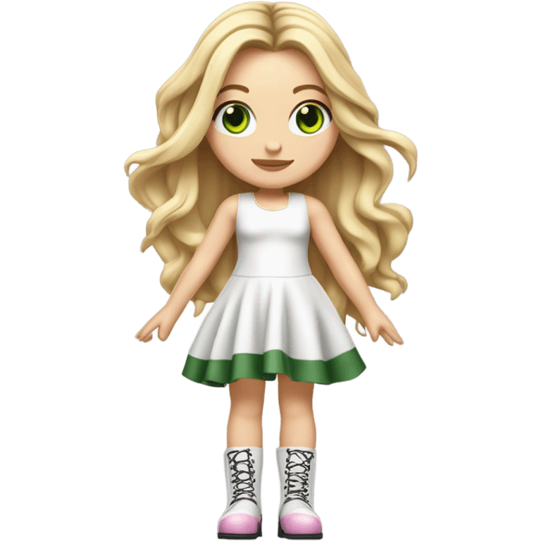 Realistic White girl with Long straight blonde hair, green eyes, tattoos, full body wearing white dress and pink knee-high leather boots, doing cute pose emoji