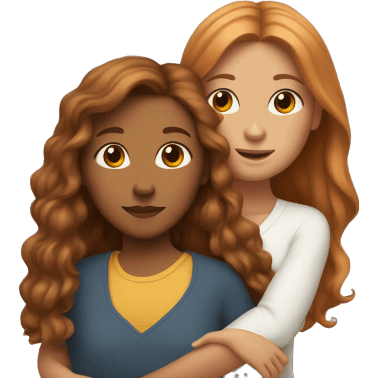 Brown skin with long hair mom and white skin with ginger hair daughter hugging  emoji