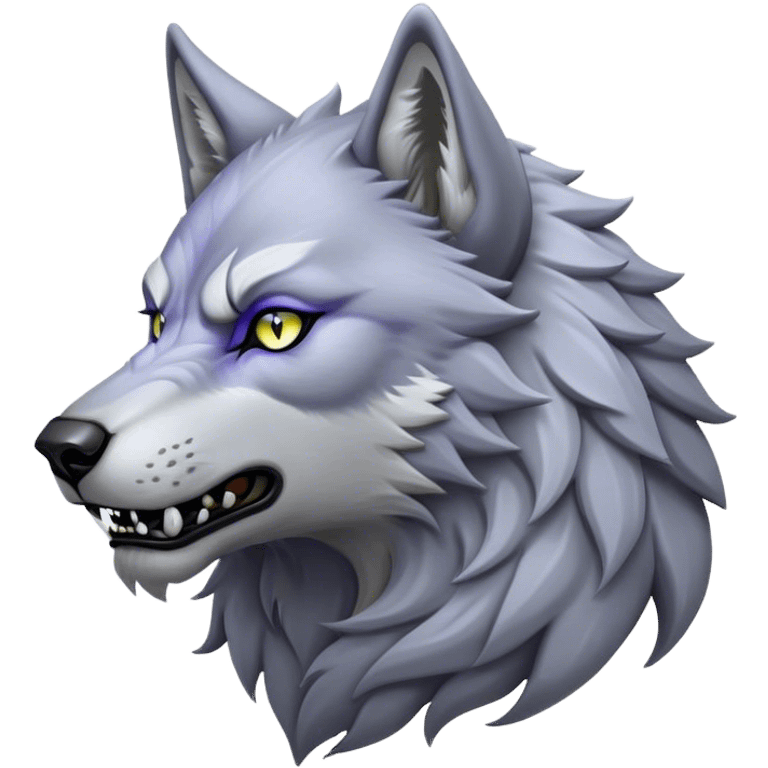 Cinematic Noble Werewolf Portrait Emoji, Formidable and majestic, with a powerful lupine silhouette in moonlit grays and silvers, featuring piercing, wise eyes and a dignified snarl that hints at untamed strength, simplified yet intricately detailed, glowing with a soft, lunar outline that encapsulates the noble duality of feral instinct and loyal guardianship! emoji