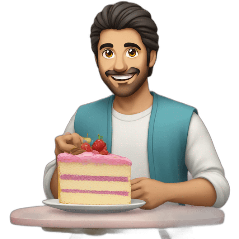 middle eastern man with a pony tail eating a cake emoji