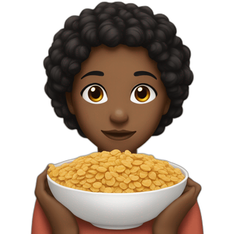 black girl, brown eyes, short black hair hugging a pack of Lion cereals emoji