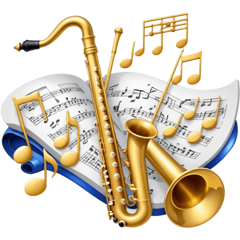 Create an elegant and artistic emoji that represents music arrangement and orchestration. The design should feature a conductor's baton, musical scores, and various orchestral instruments (e.g., violin, trumpet, electric guitar, synthesizer). Incorporate flowing lines to represent harmony and orchestral balance, along with a subtle representation of sheet music. Use rich, classical colors like gold, silver, or deep blue, and create an atmosphere of sophistication and precision. The background should be transparent. emoji