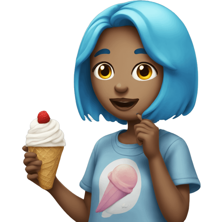 Girl with blue hair eating ice cream emoji