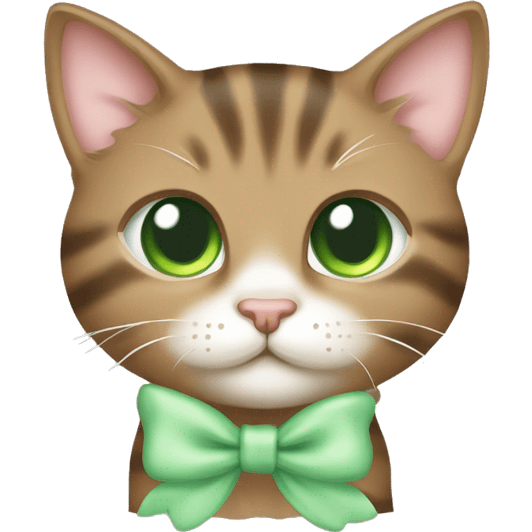 kawaii brown tabby kitten with green eyes and pastel green bow emoji