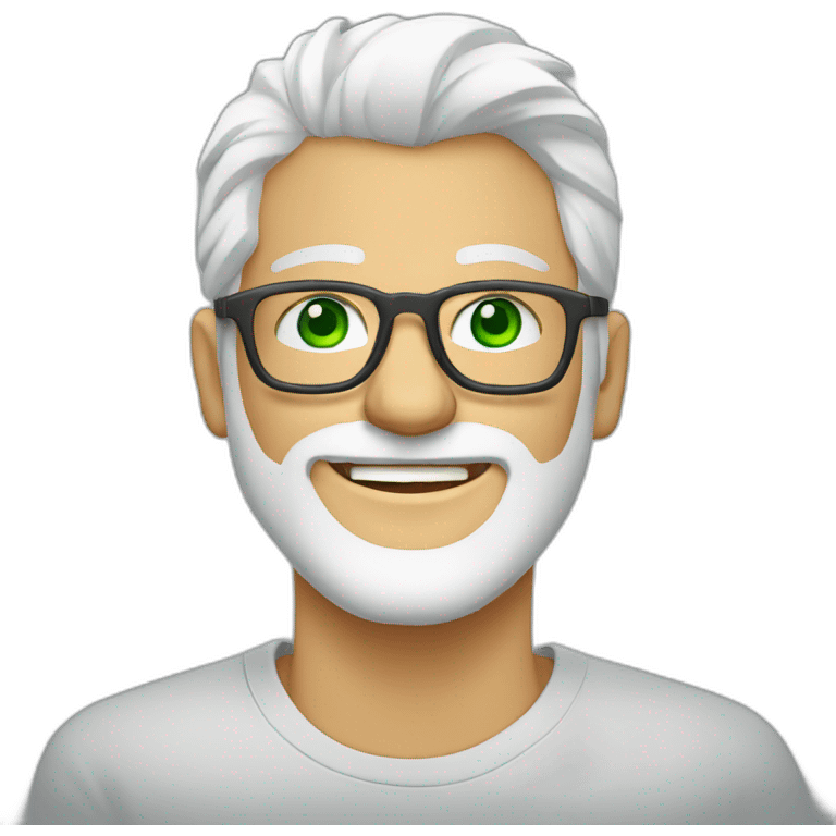 Man-white hair- glasses- green eyes- smiling-with-white-beard-tshirt-grey emoji