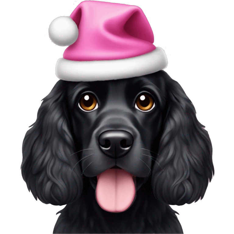 Black cocker spaniel wearing a pink Christmas hat emoji