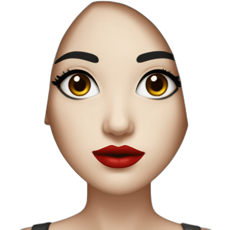 straight black hair,red lipstick,black eyes, white skin and a small nose emoji