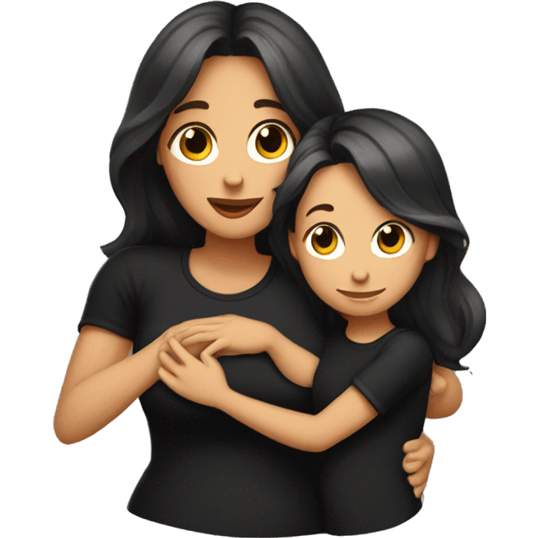 Mom with long brown beautiful hair and daughter with long brown hair hugging black shirts and mom has tattoos emoji