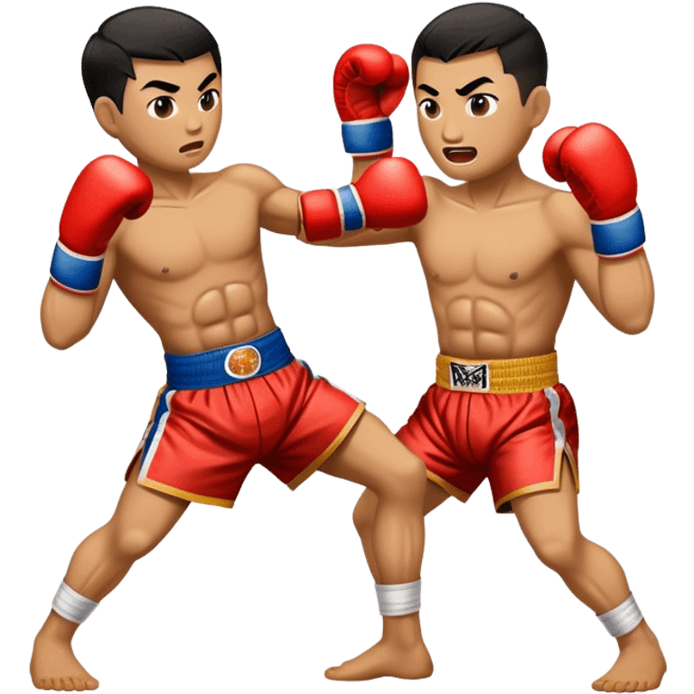 Cinematic Realistic Muay Thai Pop Culture Emoji, depicted with an action-packed portrayal of traditional Thai boxing rendered with bold textures and energetic, dramatic lighting. emoji