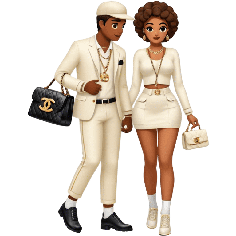 Man living his dream with a pretty Brownskin big booty woman wearing a Chanel outfit and Chanel bag. The man has on an Off-White outfit down to the shoes and socks emoji