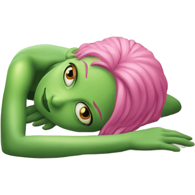 a green alien woman pink air, laying on the beach emoji