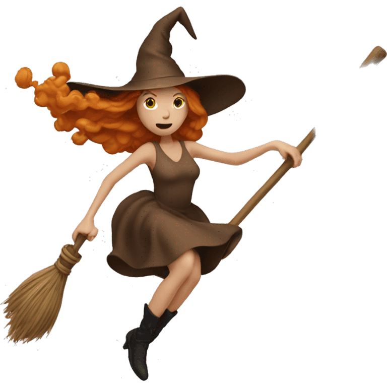 Ginger white witch in brown dress flying on broom emoji