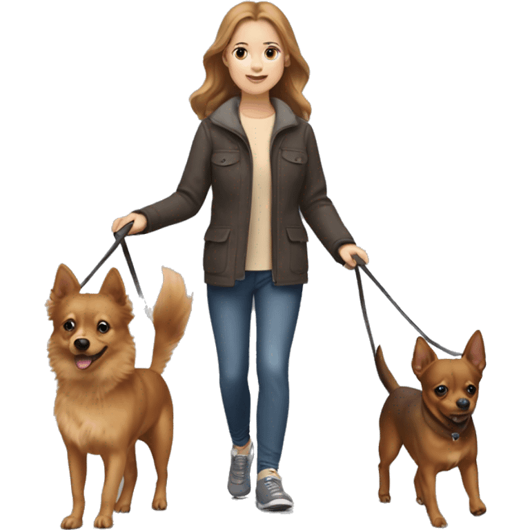 A light brown haired girl, walking a miniature Pinscher and a big light brown Spitz on the lead emoji