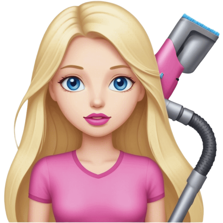 Cinematic realistic blonde with long hair, blue eyes and pink lips vacuums emoji