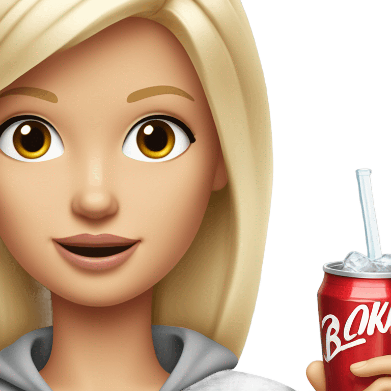 Blonde Barbie wearing light gray sweatshirt, holding a glass of cola on ice  emoji