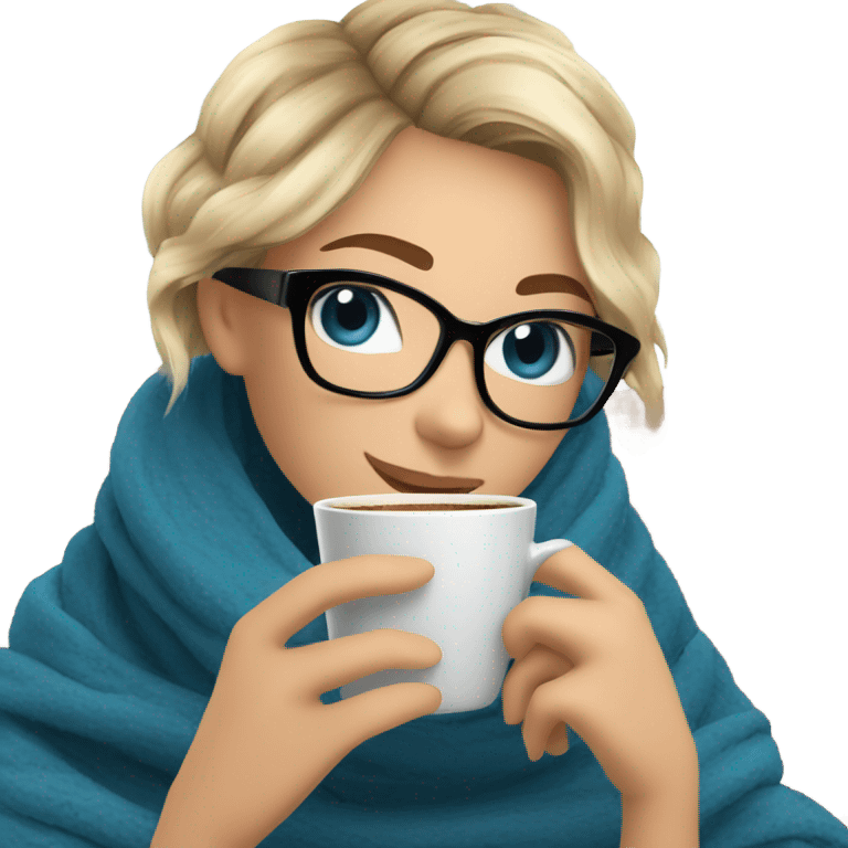 Balayage short hair Girl drinking coffee, with a cozy blanket wearing glasses with blue eyes beautiful  emoji