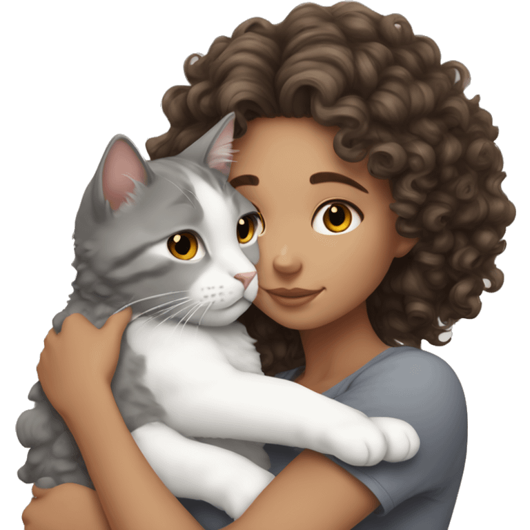 White Girl curly brunette hair cuddling with grey cat emoji