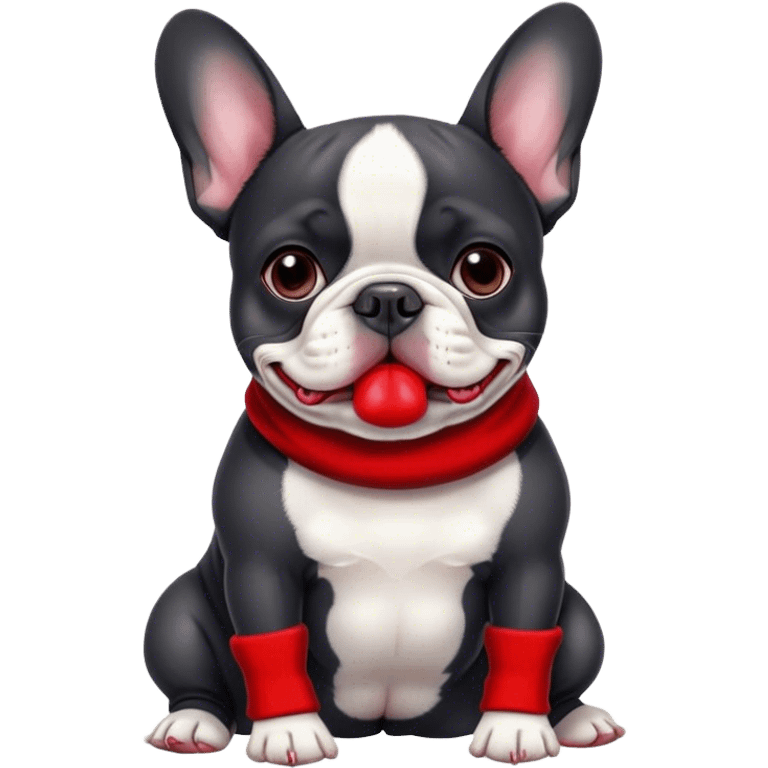 Black and white frenchie eating a red sock  emoji