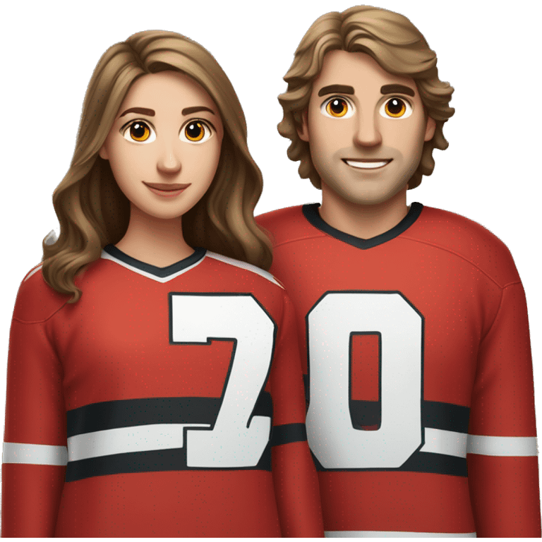 A guy is a hockey player in a red uniform with white stripes and number 71 together with a photographer girl with long brown hair emoji