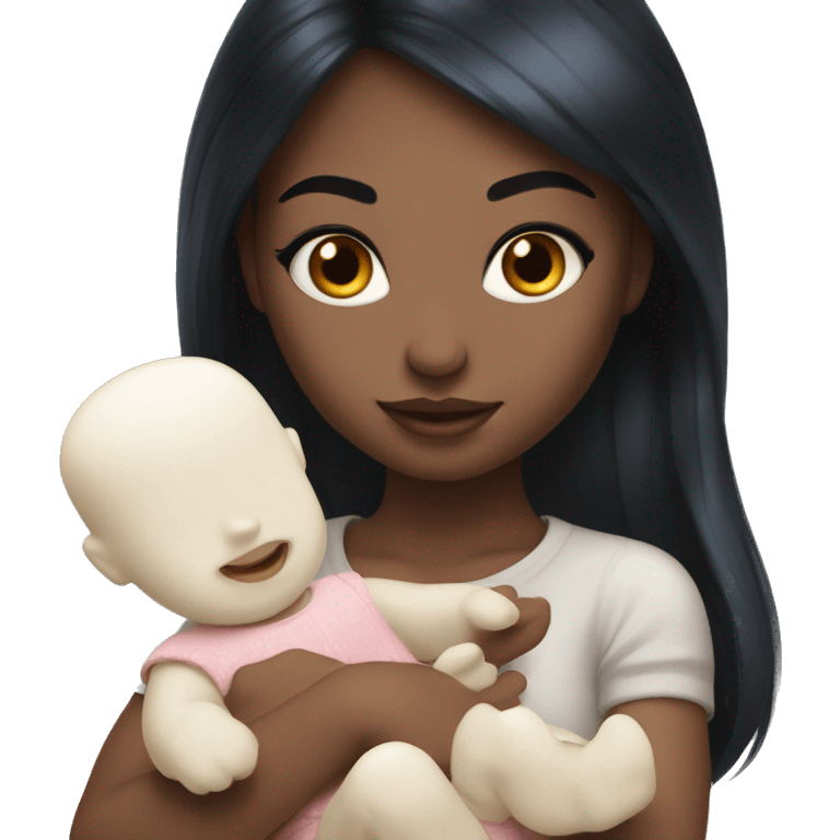 white Girl with black hair and blue eyes playing with baby doll emoji