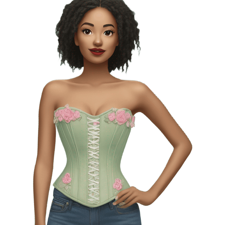 Sage green corset with flower embroidery and pink bows, isolated emoji