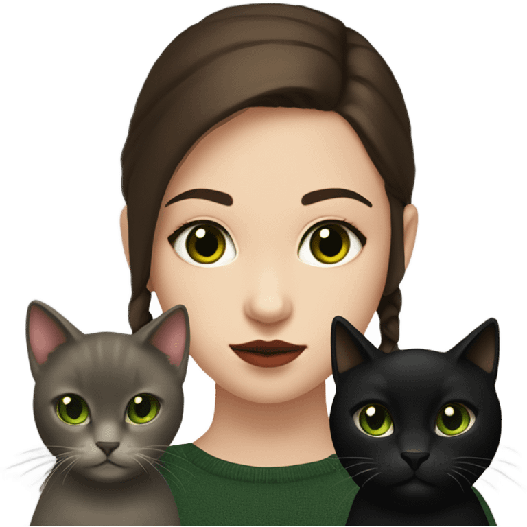 A teenage girl with white skin, she have some green hazel eyes, red lipstick, mid long straight dark brown hair, she have an eyeliner and she is holding a black cat in her arms, view from close emoji