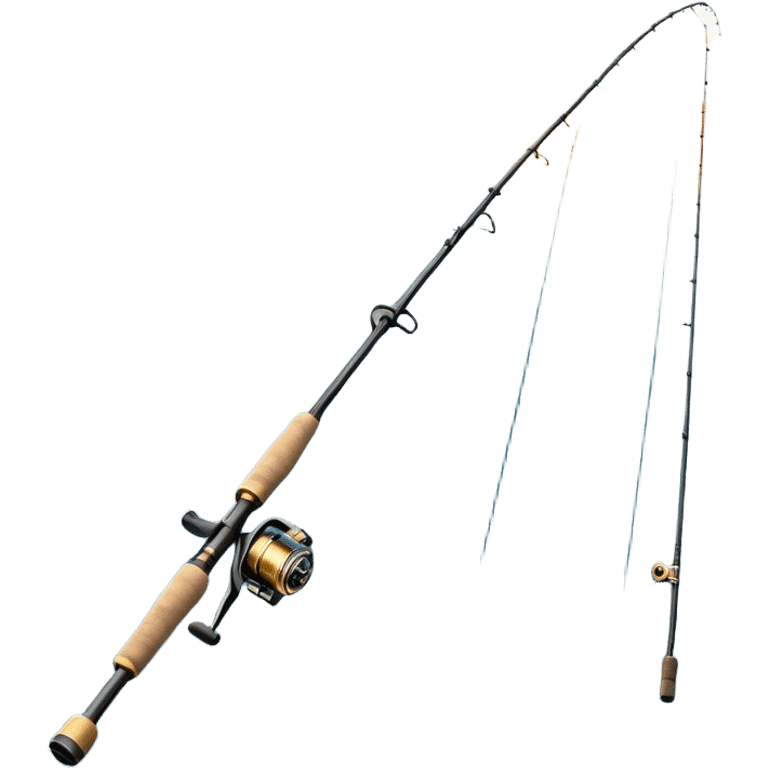 Cinematic Realistic Fishing Rod, sleek graphite rod with a smooth, polished reel, thin line disappearing into a shimmering lake, warm golden sunlight reflecting off the water, glowing with a tranquil and adventurous aura. emoji