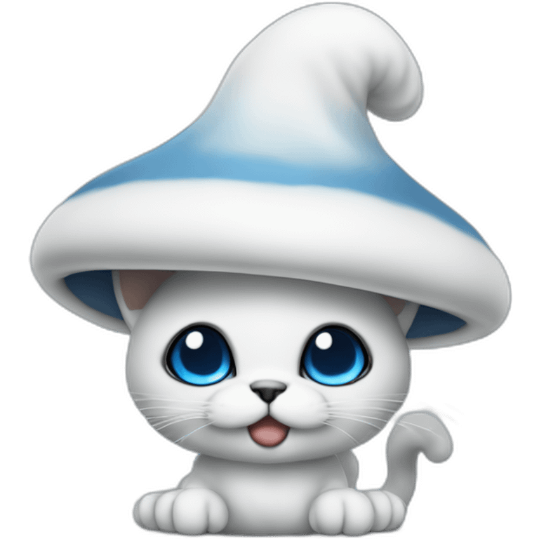 Blue smurf cat with black eyes wearing a large white mushroom as hat, no body emoji