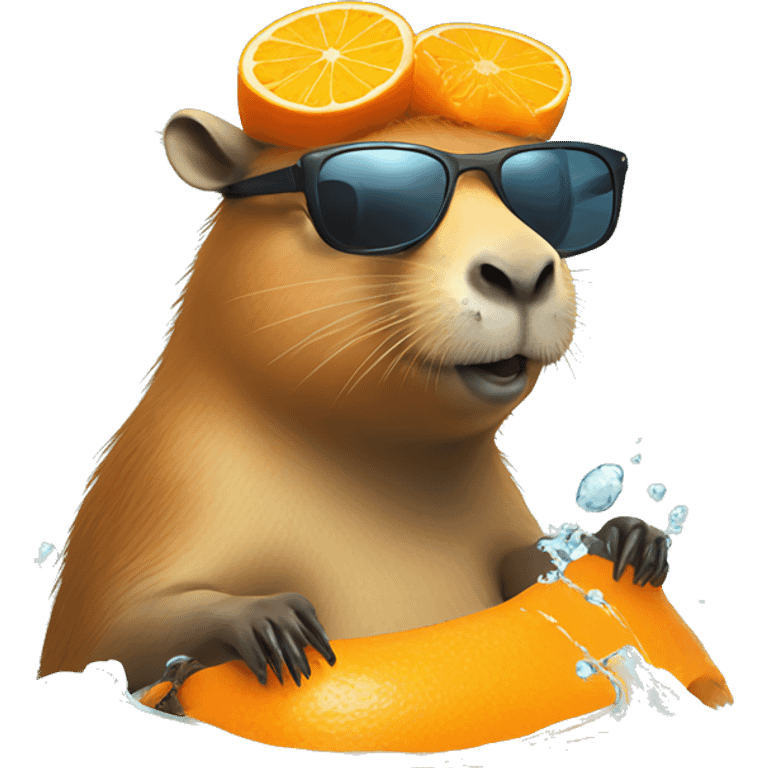 capybara chilling with sunglasses in water and he has a orange on his head emoji