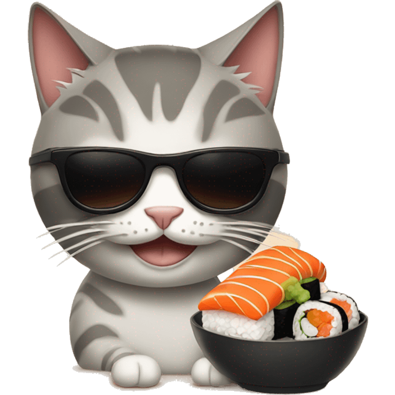 two cats wearing sunglasses eating sushi emoji