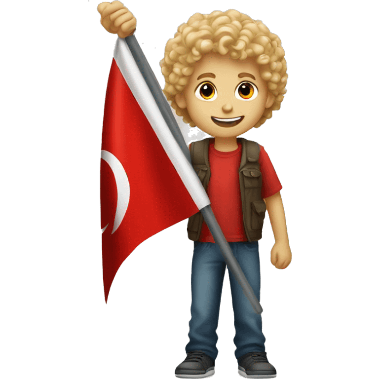 Curly blond boy holding a Turkish flag emoji