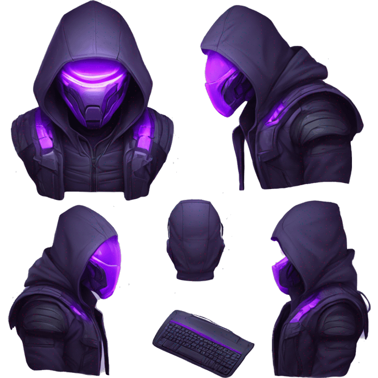 Side view developer behind his laptop with this style : crysis Cyberpunk Valorant neon glowing bright purple character purple violet black hooded assassin themed character emoji