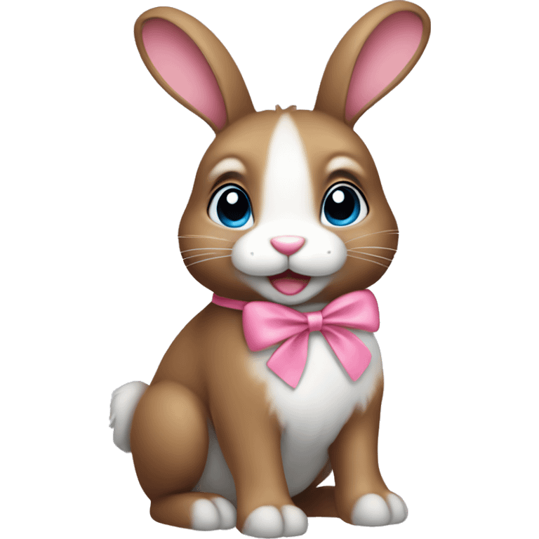 cute brown bunny with pink bow, one leg white, other gray, blue eyes, more light emoji