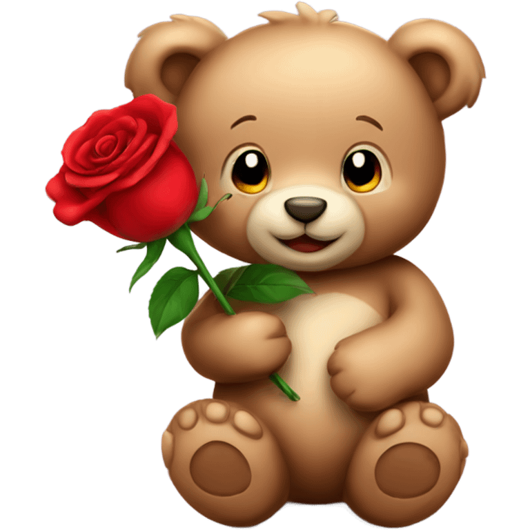 Happy cute Teddy bear holding a red rose emoji