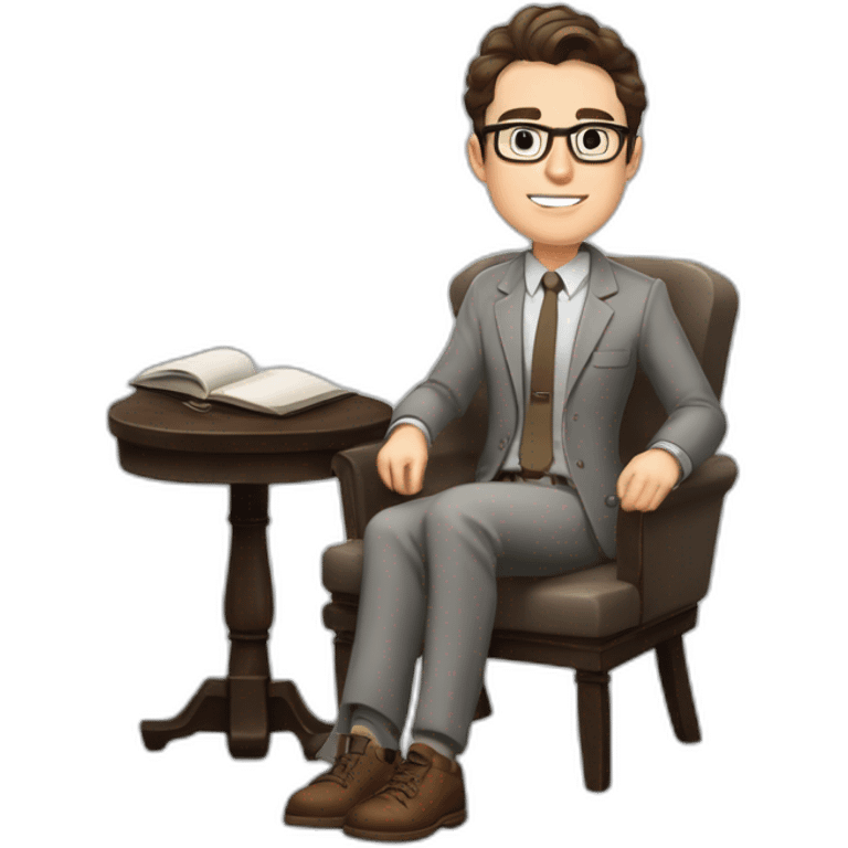 Pale skinned Fit Man With dark brown hair in gray jacket, beige office shirt, Brown pants and vintage glasses sitting In a soft chair with a notebook on spring with emblem Ψ and a pen emoji