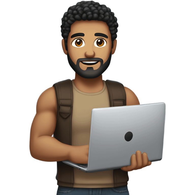 men holding his computer in hands. light brown skin men with curly black hair, dark brown eyes, little grown beard. just a tiny bit muscular. dressed casual. round face. emoji