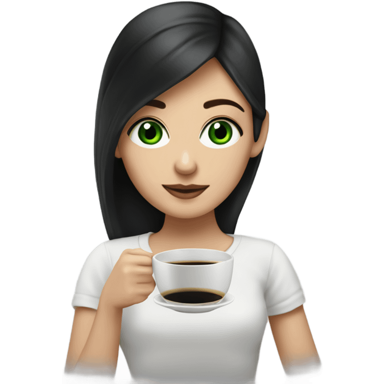 A white girl with black hair, green eyes, and a cup of black coffee in sus manos  emoji