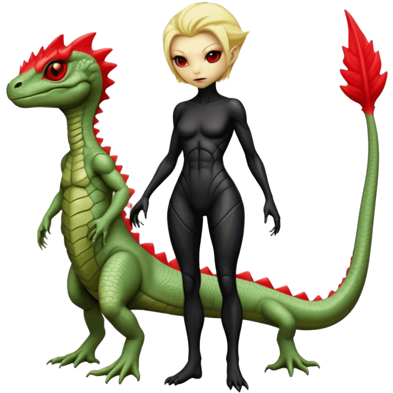 a blonde reptilian alien woman,  red crest as, men in black, full body, full figure emoji