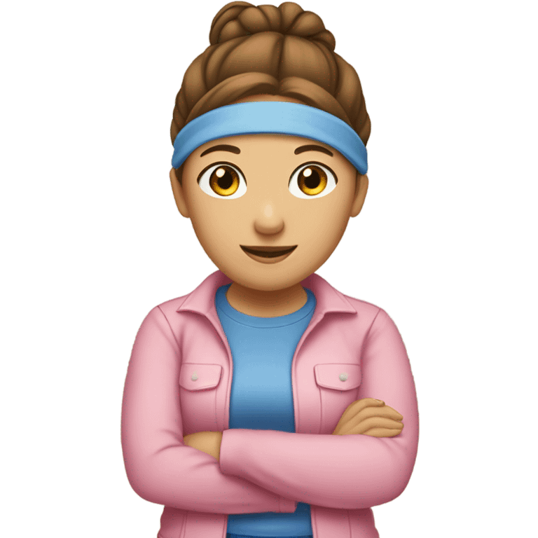 A white woman with brown hair in pony tail wearing pink headband, pink t shirt and blue overalls  emoji