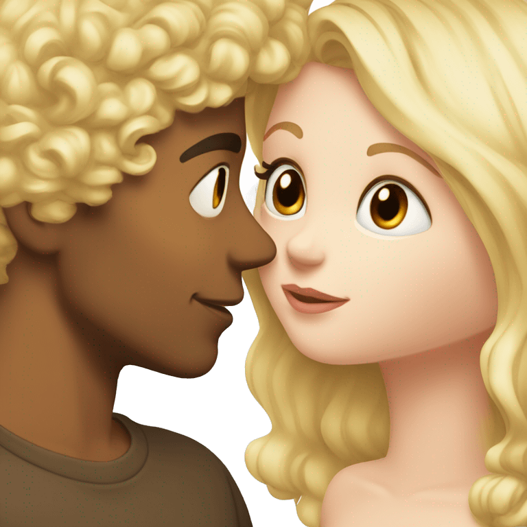 A blonde girl with pale skin kisses a light-skinned brown guy with curly black hair emoji