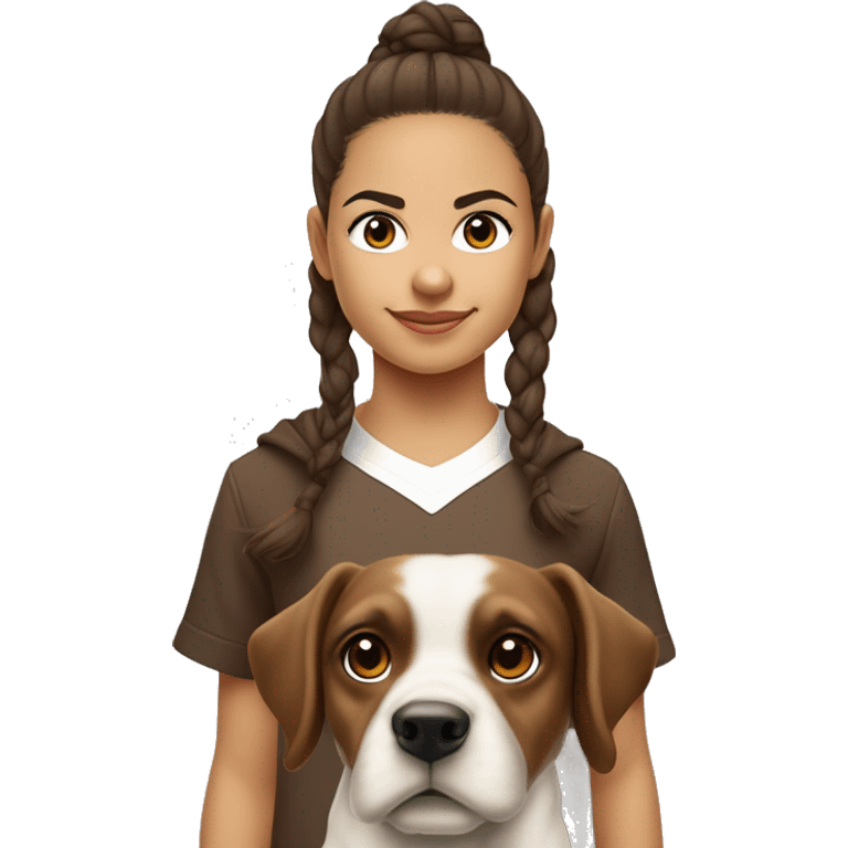 uma menina com cabelo castanho longo e liso olhos castanho pele bege com a camiseta do real Madrid e um cachorro emoji