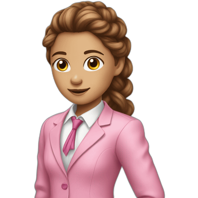 long brown curly pony tail girl wearing pink suit pointing emoji