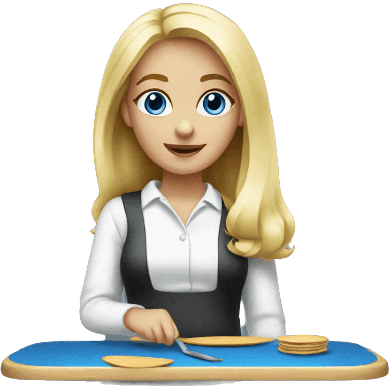 Blonde girl serving tables with blue eyes emoji